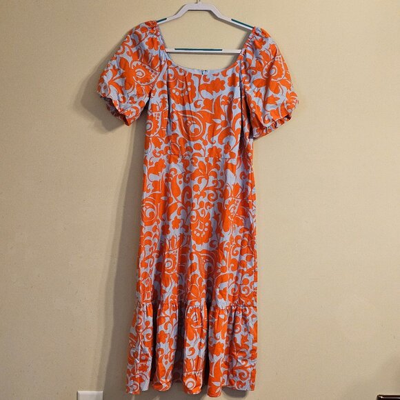 Women's Talbots Puff Sleeve Poplin Dress Jacobean Blue/Orange Size 6 - Picture 1 of 8